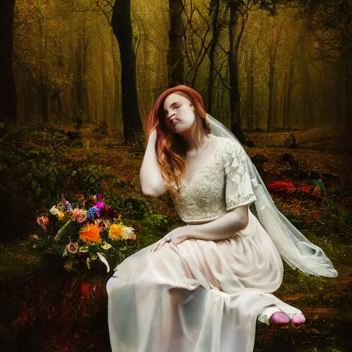 Prompt: a masterpiece portrait of a sad angel sitting in a colorful forest in a long rainbow wedding gown