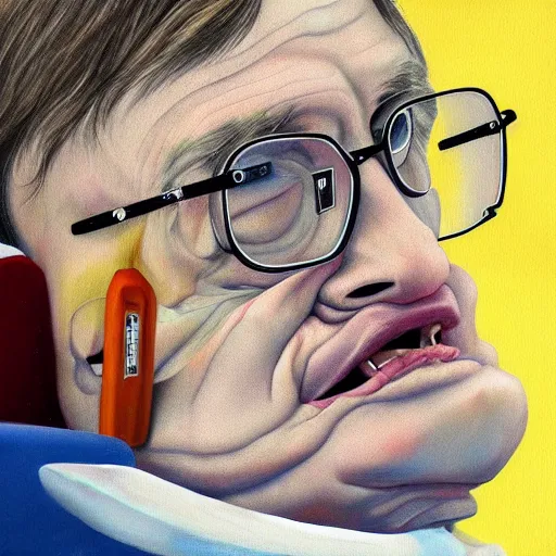 Image similar to A surreal, beautiful painting of Stephen Hawking on Acid, on his wheelchair, floating into the abyss, in the style of Fewocious, hyper realistic, trending on Artstation