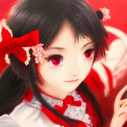 Image similar to portrait of reimu hakurei from touhou project ultra realistic, highly detailed, sharp focus, cinematic lighting, mood lighting, realistic, vivid colors, painting, photorealistic, digital art, non blurry, sharp, smooth, illustration