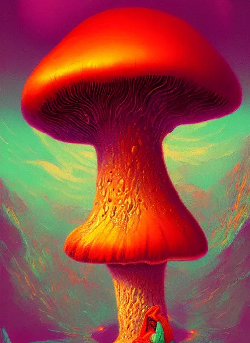 Prompt: A psychedelic portrait of a psylocibin mushroom, vibrant color scheme, highly detailed, in the style of romanticism, cinematic, artstation, Moebius, Greg rutkowski