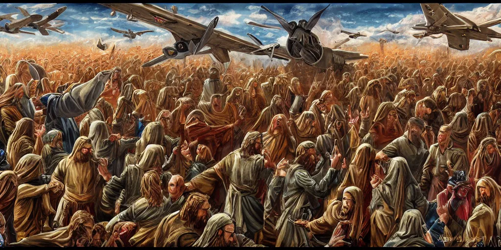 Prompt: !dream Jesus alongside the US air force, octopus, satanic, ritual, planes, battlefield, trending on art station, epic battle, intense battle, large scale battle, Jesus Christ, United States Air Force, infantry, 8k