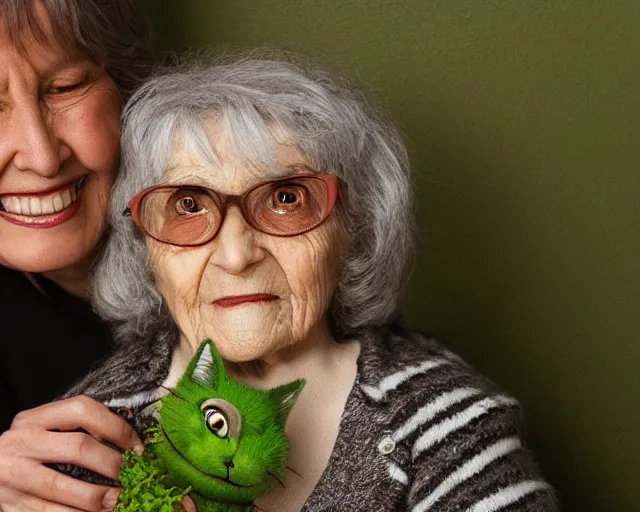 Image similar to detailed portrait of a nice old lady and her plant cat, pixar, sharp high quality