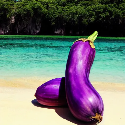 Image similar to huge eggplant sunbathing on the beach among people, photo,