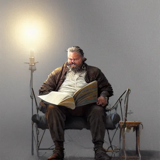 Image similar to old fatman sitting on chair reads book, light stubble, digital art, photorealistoc, art by greg rutkowski, hyperdetailed, western comic style, comic, comic style, sharp lineart, professional lighting, deviantart, artstation, trevor henderson, rossdtaws, cinematic, dramatic