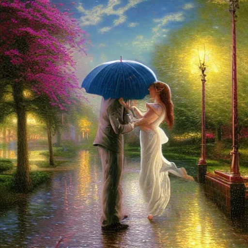 Prompt: the rain by thomas kinkade and alex grey, lovers under an umbrella, highly detailed, 8 k, oil on canvas, intricate