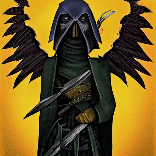 Image similar to portrait of a raven species humanoid rogue archer. he is wearing a vantablack cloak and is looking valiant. portrait hung up in a windows 9 8 castle. r / oldschoolfantasy