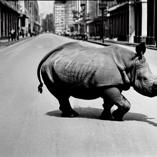 Image similar to photograph of a rhinoceros running down a crowded street