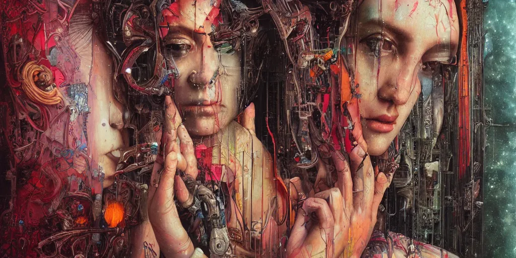 Image similar to portrait of Virgin Mary,8k,by tristan eaton,Stanley Artgermm,Tom Bagshaw,Greg Rutkowski,Carne Griffiths, Ayami Kojima, Beksinski, Giger,trending on DeviantArt,face enhance,hyper detailed,minimalist,cybernetic, android, blade runner,full of colour, super detailed