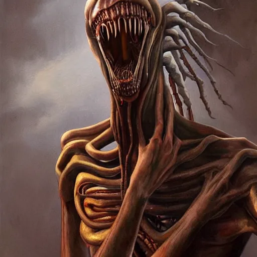 Image similar to a realistic painting by Raffaello Sanzi depicting the Slender Man with the head of the symbiotic Xenomorph Yautja in the Renaissance era ,smooth,Sharp focus, realism, trending on Artstation.