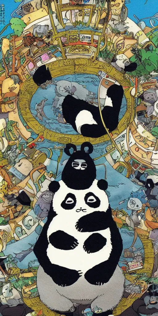 Image similar to a panda bus like totoro, 1990s anime, full color, tarot card the chariot, highly detailed,