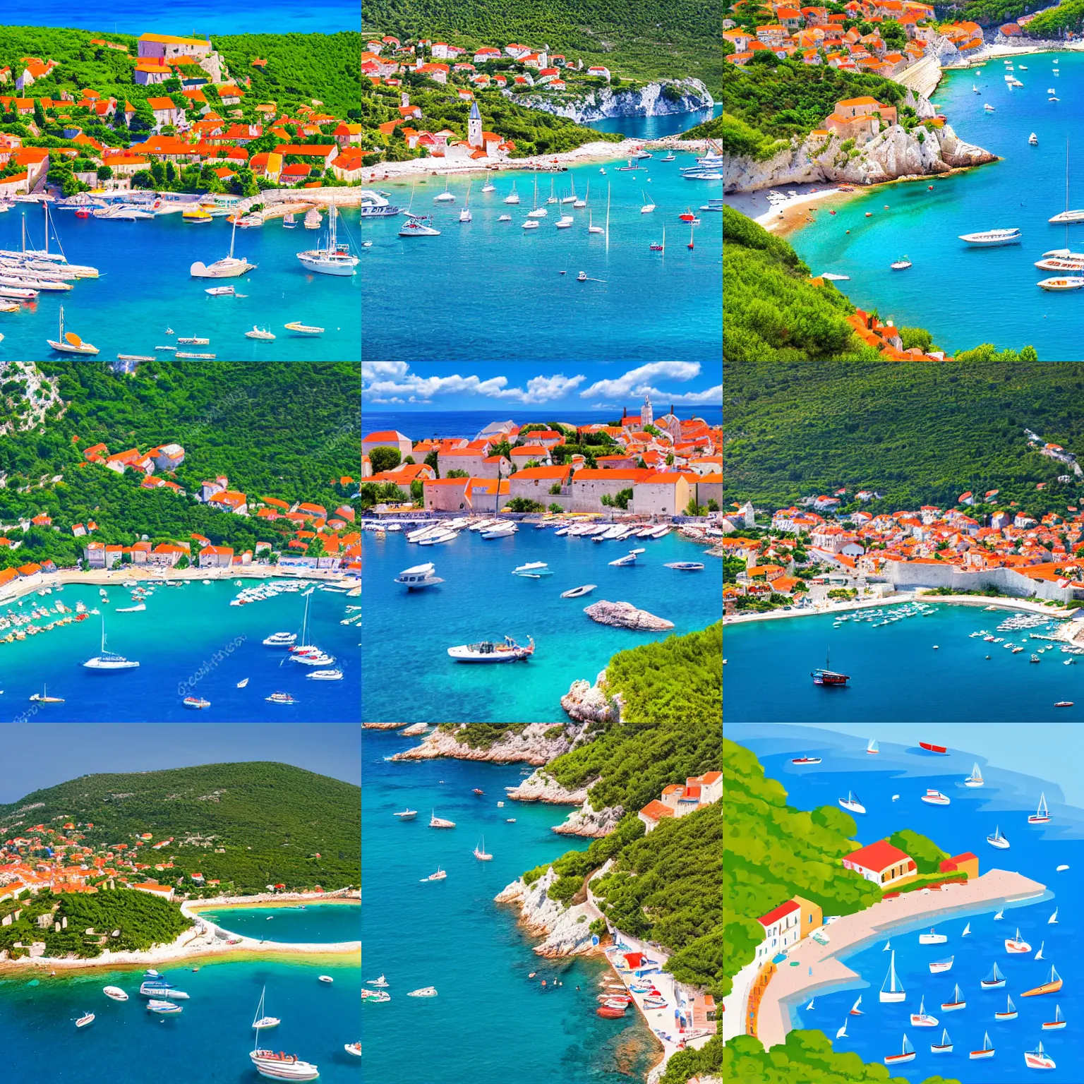 Prompt: Croatian coastline, sailing boats, surfers, small port village, vivid colors, isometric view