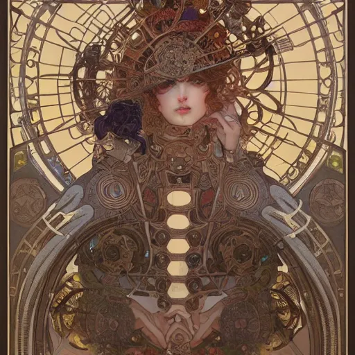 Image similar to machine god rebuilding itself, fantasy, d & d, intricate, detailed, by by alphonse mucha, adolfo hohenstein, alice russell glenny, stanley artgerm lau, greg rutkowski, detailed, trending on artstation, trending on artstation, smooth