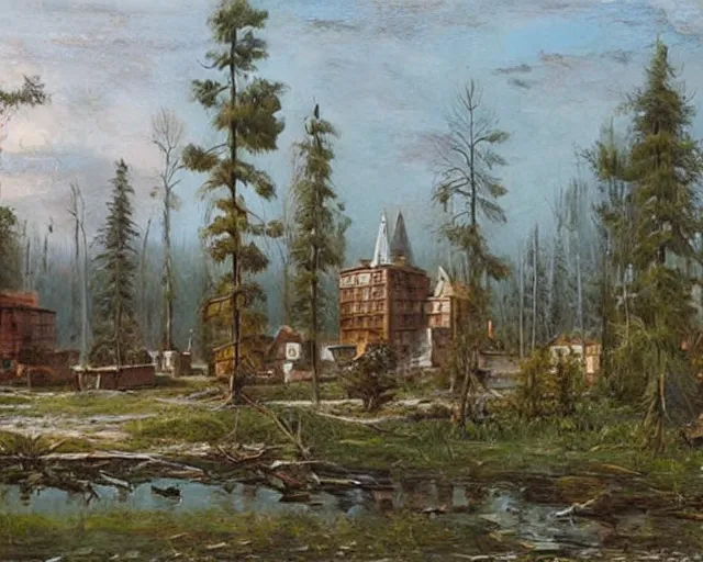 Image similar to beautiful matte painting of cute soviet block of flats hrushevka in end of forest by ivan shishkin,