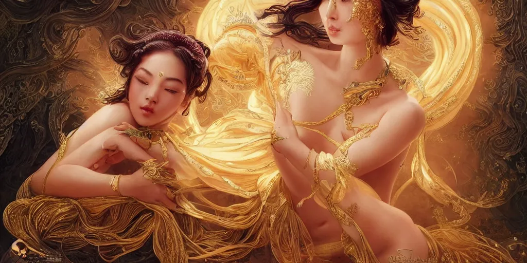 Image similar to asian nymph bald goddess, flowing golden silk twisting with whiten tattoos of cursive sigils on her opalescent skin, fantasy, intricate, very beautiful, elegant, golden light, highly detailed, art by huang guangjian and ail elvgren and sachin teng