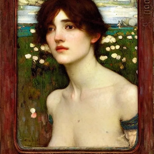 Image similar to portrait of a woman, by edgard maxence, john william waterhouse, mythological figure, divine, heavenly, beautiful, elegant, ethereal