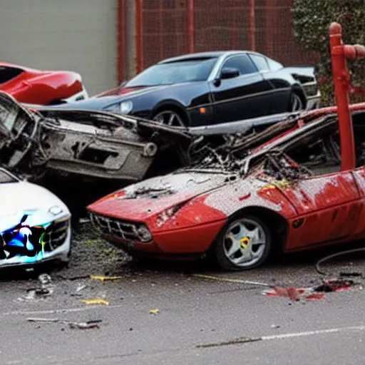 Prompt: crashed Ferrari, 3 model lines