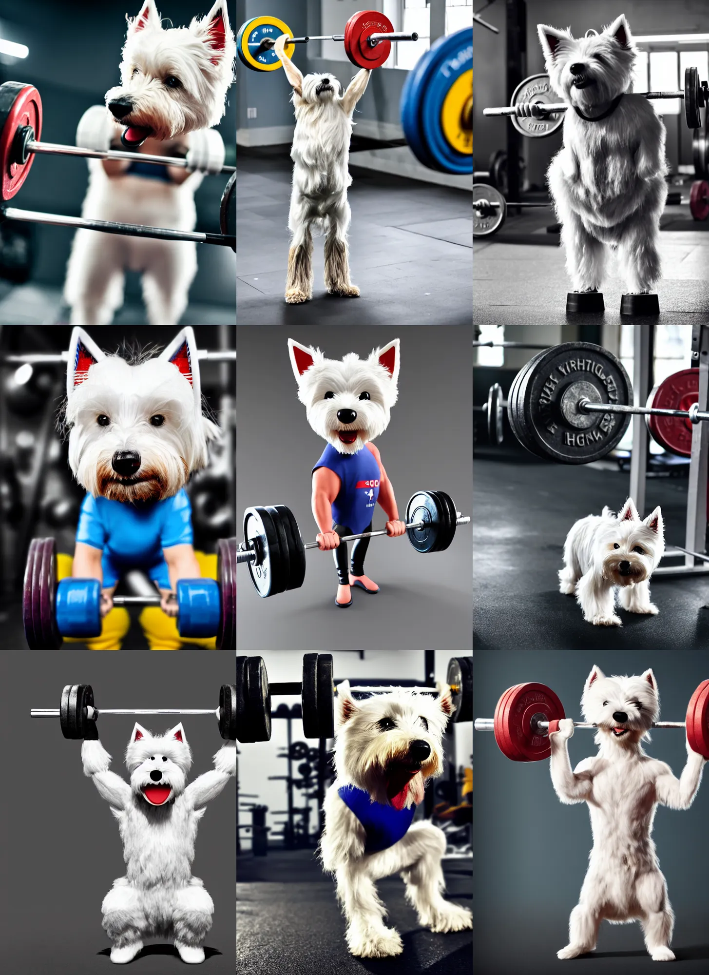 Prompt: a photo of an anthropomorphic anthropomorphic westie weight lifting weightlifting barbell up in olympic, 4 k