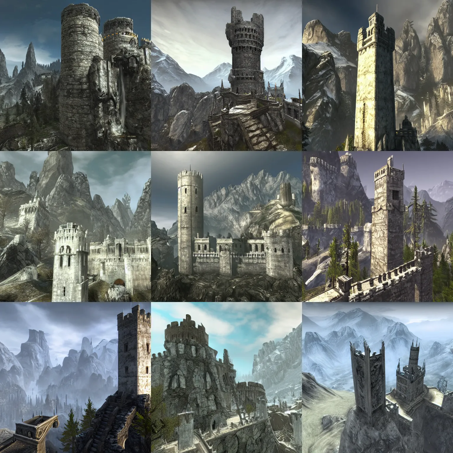 Prompt: an ivory white marble tower peaks up from the mountain valley surrounded by the walled city in the style of Skyrim by Bethesda Game Studio, cyrodiil imperial city