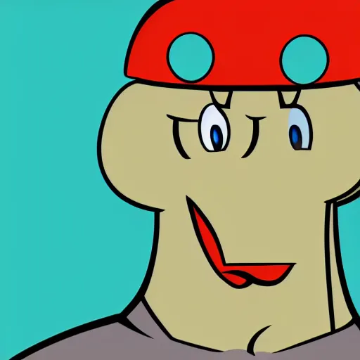 Image similar to handsome squidward style, strong man, big smile, hero, cleft chin, handsome, pop art portrait