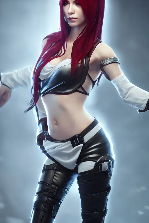 Image similar to Katarina from League of Legends, photorealistic full body, studio lighting, white ambient background, unreal engine 2, hyperrealistic, highly detailed, realistic