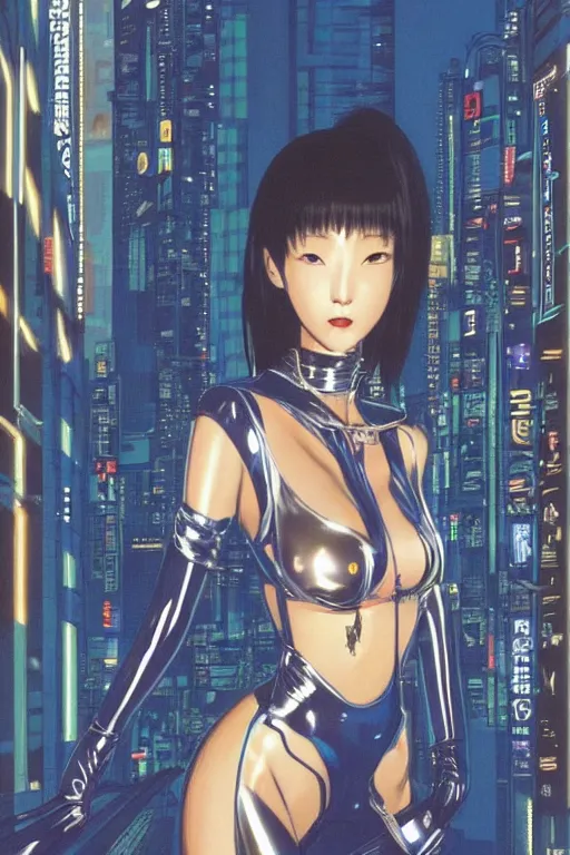 Image similar to cyberpunk japanese women with black eyes and pretty face wearing latex catsuit and lots of transparent and cellophane accessories, blue hour, crisp, painting by moebius and mayumi hosokura