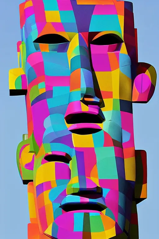 Image similar to cubist moai statue cutout digital illustration cartoon colorful beeple