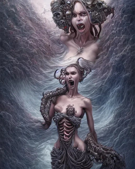 Image similar to death is swallowed up in victory, very detailed and beautiful womans face, screaming with fear, artwork by artgerm, centered shot, wide angle, full body, elfpunk, artwork by naoto hattori, landscape art by john howe