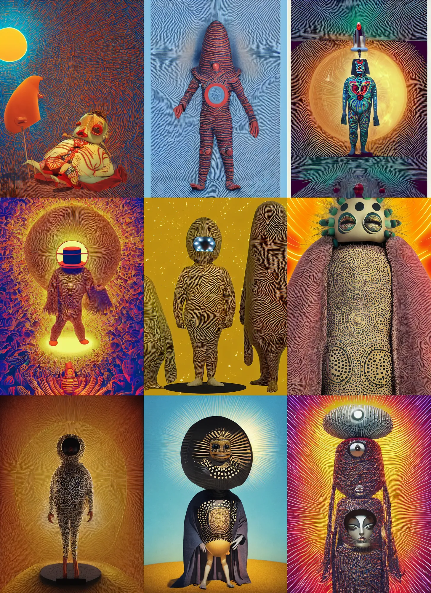Prompt: a diagram poster artwork by martine joana, mark ryden, todd schorr, yayoi kusama, of a futuristic selk'nam, interacting with the soul of the sun, aboriginal capirote, from scene from labyrinth movie, irisdicense, houdini algorithmic generative render, sharp focus, dinamic composition, octane render 8 k