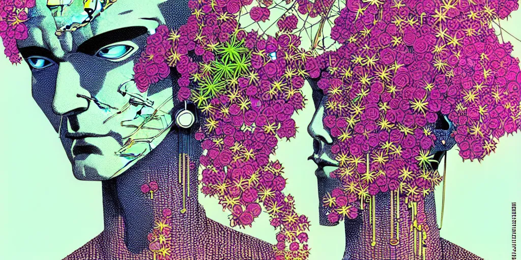 Image similar to risograph grainy drawing futuristic sci - fi antagonist face wearing earrings, photorealistic colors, face covered with plants and flowers, by moebius and satoshi kon and dirk dzimirsky close - up portrait, hyperrealistic