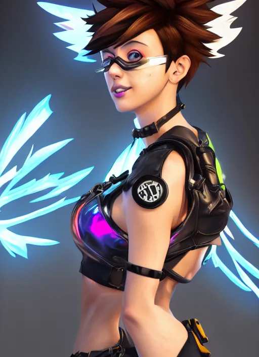 Image similar to portrait bust digital artwork of tracer overwatch, wearing black iridescent rainbow latex tank top, 4 k, expressive happy smug expression, makeup, in style of mark arian, angel wings, wearing detailed black leather collar, chains, black leather harness, detailed face and eyes,