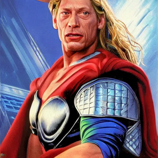 Prompt: jim varney as thor, painted by alex ross