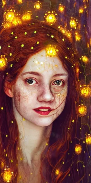 Prompt: a totally enraptured smiling young woman surrounded by golden firefly lights in a mesmerizing scene, sitting amidst nature fully covered, intricate detailed dress, long loose red hair, precise linework, accurate green eyes, small nose with freckles, smooth oval head, expressive emotions, hyper realistic ultrafine portrait by artemisia gentileschi, jessica rossier, artgerm