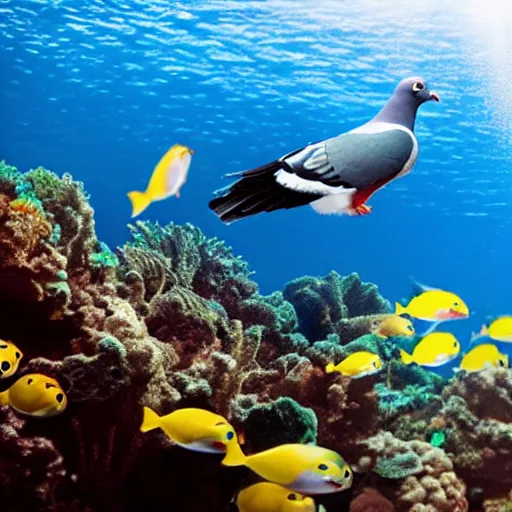 Prompt: pigeon diving in underwater tropical reef