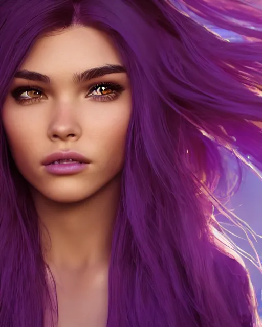 Prompt: madison beer with purple - hair sweaty flowing hair, by marvel trading card, greg rutkowski, wlop, unreal engine, 4 k, hdr