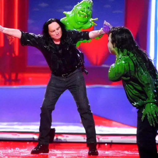 Prompt: Tommy Wiseau gets slimed at the Kid's choice awards