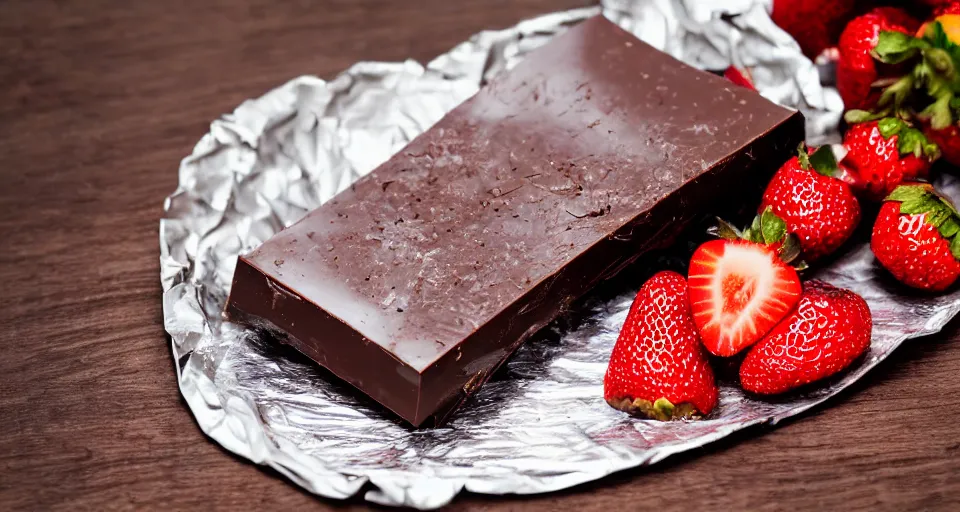 Prompt: A gourmet dark chocolate bar with a piece broken off, on an opened silver wrapper, next to sliced strawberries, on a wooden tray, macro lens product photo