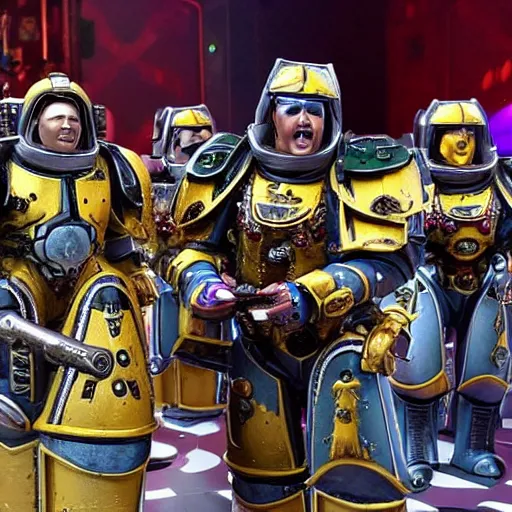 Prompt: warhammer space marines struggling to get all the dishes done before ru paul's drag race starts on bbc 1 in 1 0 minutes.