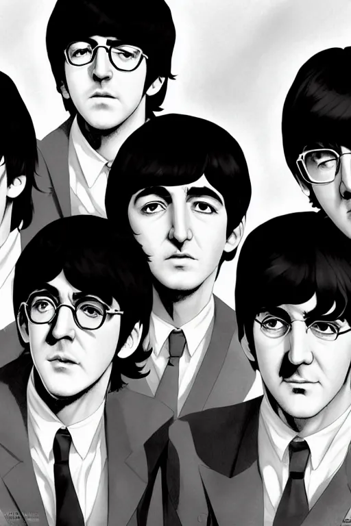 Prompt: the beatles, manga cover art, detailed color portrait, artstation trending, 8 k, greg rutkowski