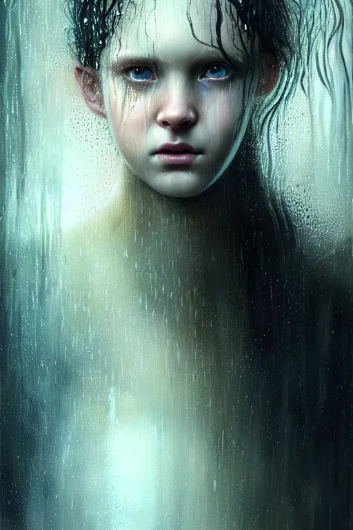 Image similar to portrait of a girl in the upside down rain with wet hair and face, fantasy, intricate, elegant, dramatic lighting, emotionally evoking symbolic metaphor, highly detailed, lifelike, photorealistic, digital painting, artstation, concept art, smooth, sharp focus, illustration, art by John Collier and Albert Aublet and Krenz Cushart and Artem Demura and Alphonse Mucha