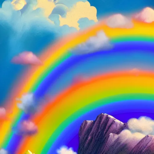 Prompt: puffy peaceful rainbow clouds, matte painting, 4k)