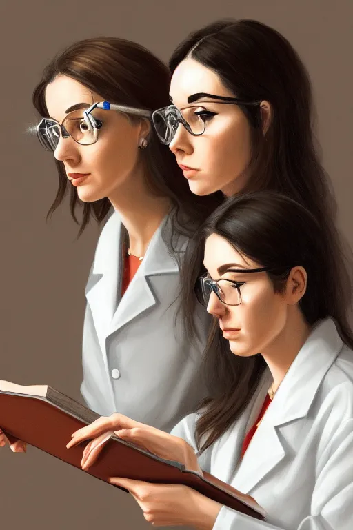 Image similar to portrait of two wise and very beautiful women scientists reviewing some texts, intricate, elegant, highly detailed, smooth, sharp focus, artstation