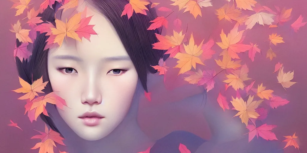 Prompt: highly detailed pastel colors of an ethereal asian beauty morphing gradually into autumn leaves, by artgerm and hsiao - ron cheng, smooth composition, fine patterns and detail