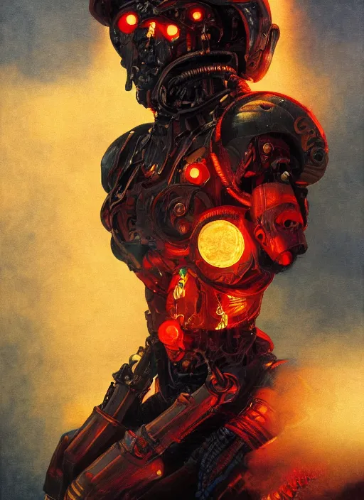 Prompt: ( symmetry ) closeup portrait of a stunning armored cyborg female pirate captain, strong cinematic light, backlight glow, red yellow, viscous smoke, vapour, mist, by gerald brom, by mikhail vrubel, by peter elson, muted colors, extreme detail, trending on artstation, 8 k