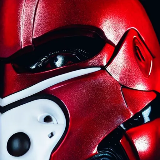 Image similar to Pixar, Star Wars, Marvel, black + red + white ant head superhero, wearing futuristic cybernetic battle armor, close up dramatic lighting, portrait, realistic reflection