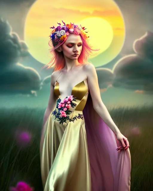 Image similar to photo of elf in long satin evening dress, flowers in hair, fantasy character portrait, soft clouds, floral sunset, ultra realistic, concept art, intricate details, cinematic, highly detailed