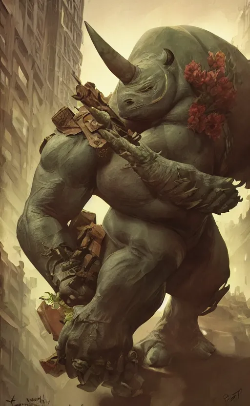 Image similar to rocksteady from tmnt, rhino, rugged, handsome, male, atmospheric lighting, amazing, full body, thighs, armpit, flowers, muscular, intricate, highly detailed, digital painting, deviantart, concept art, sharp focus, illustration, art by greg rutkowski and alphonse mucha