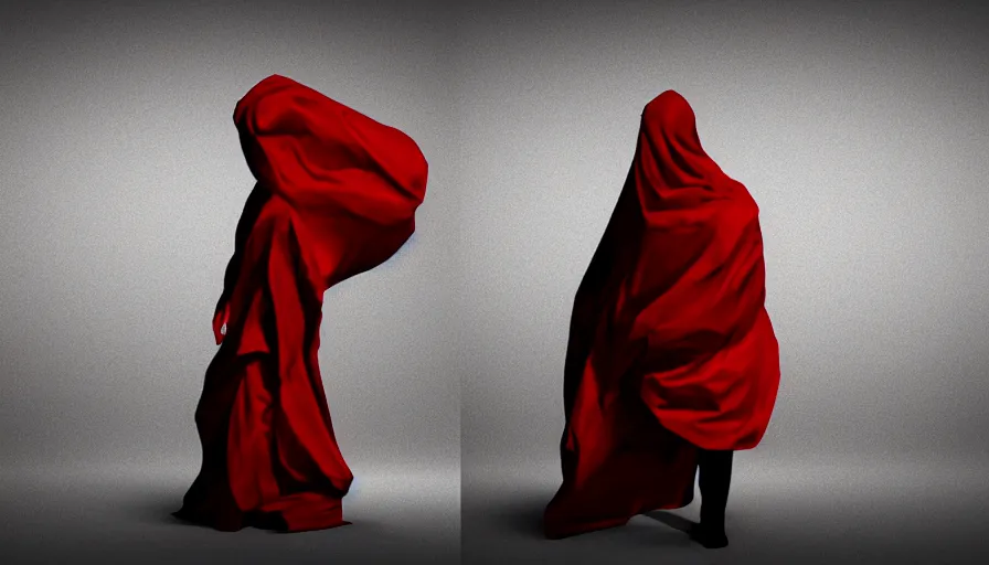 Image similar to enigmatic figure wrapped in red sheet in darkness, high contrast, hard light, digital art, rendering, cloth simulation, redshift