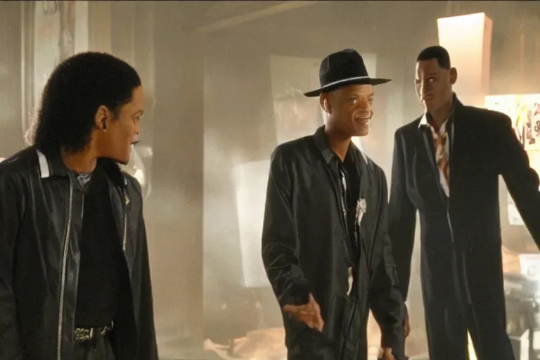 Prompt: michael jackson and will smith pointing the neuralyzer at men in black 3 iii