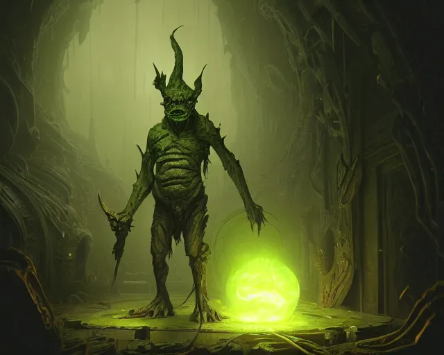 Image similar to 4 k cinematic still portrait of a goblin in a dark liminal space room, nurgle, deep focus, d & d, fantasy, intricate, repulsive, highly detailed, digital art, art station, concept art, matte, sharp focus, illustration, dark fantasy art, hearthstone, art by artgerm and greg rutkowski and alphonse mucha