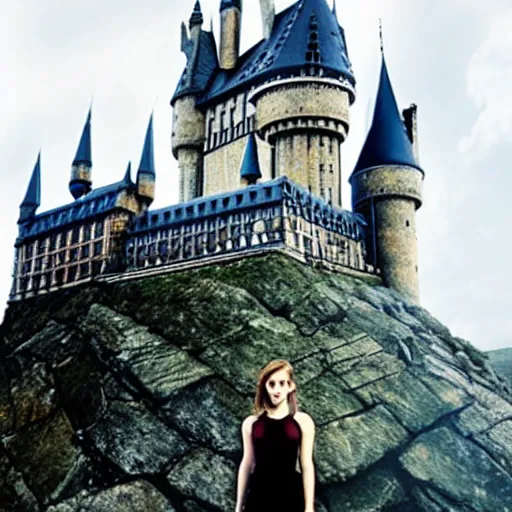 Prompt: Photo of Emma Watson on top of a tank in Hogwarts, establishing shot